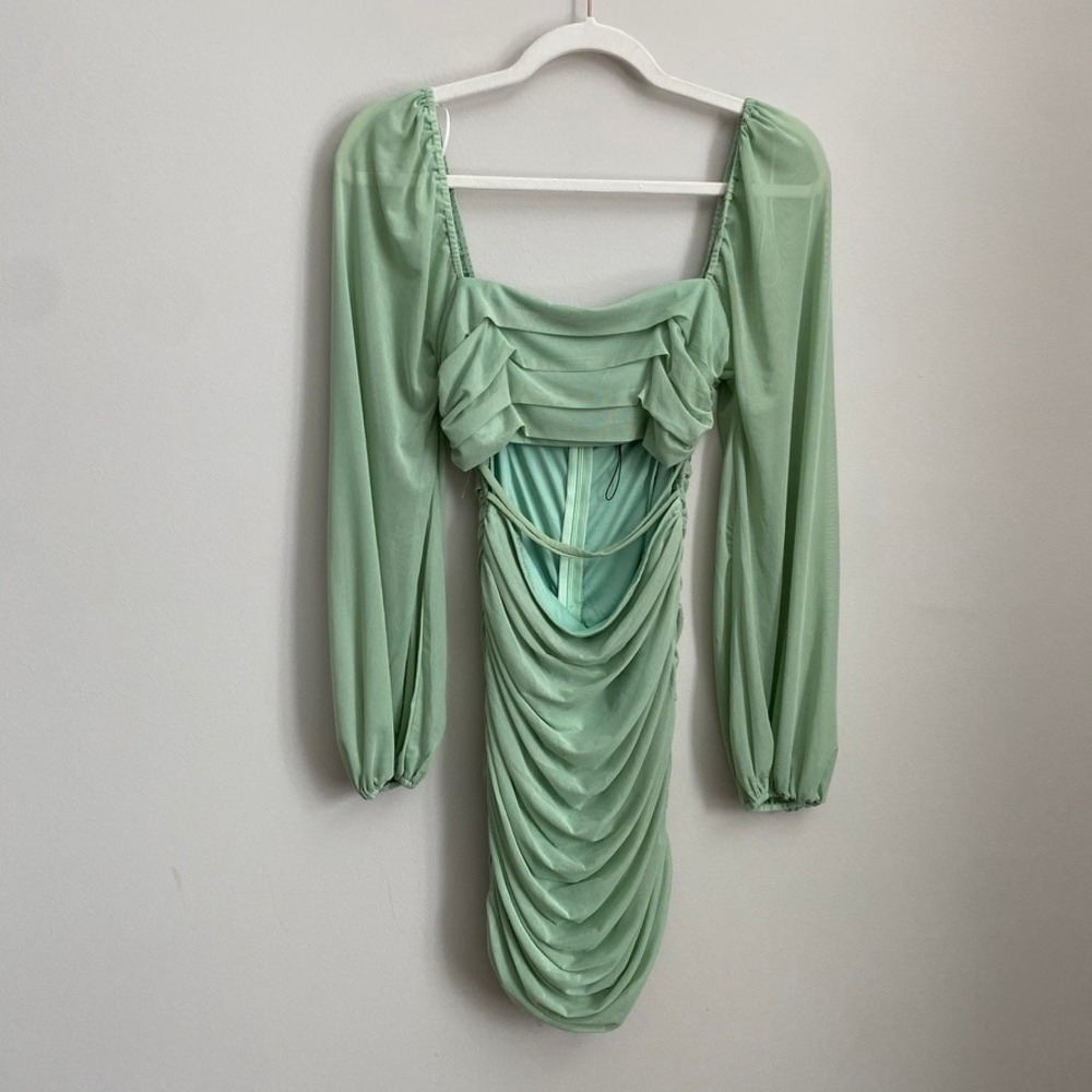 Hello Molly Ruched Mesh Mini Dress Womens 4 Cutout Long Sleeve Cut Out Party